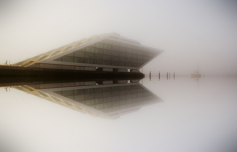 Hamburg Altona - Mirror Dockland building in fog